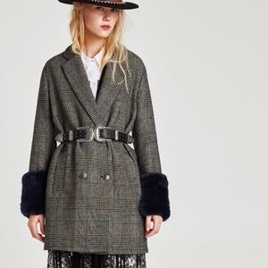 ZARA Black Houndstooth Plaid Blue Fur Cuff Coat